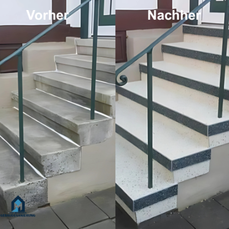 Treppenstufen vor und nach der Renovierung, deutlich verbesserte Optik und Farbe.
