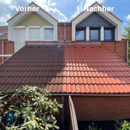 Dachrenovierung: links mit Verfärbungen, rechts frisch gereinigt und repariert.