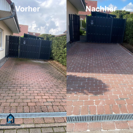 Vergleich von Terrasse: links vor der Reinigung, rechts nach der Reinigung.