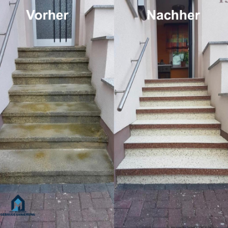 Treppen vor und nach der Reinigung, links verschmutzt, rechts sauber und neuwertig.