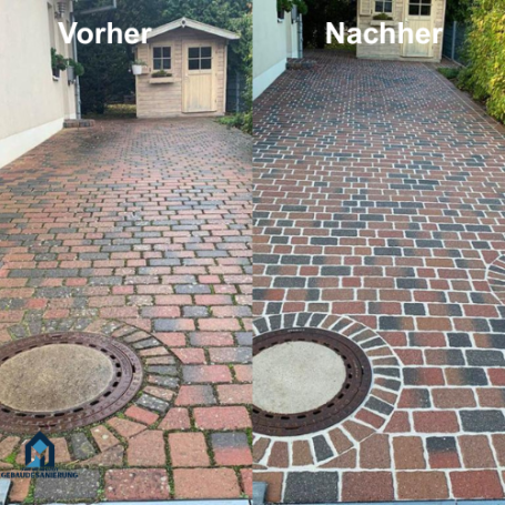 Vergleich von Pflastersteinen: links vor der Reinigung, rechts nach der Reinigung.