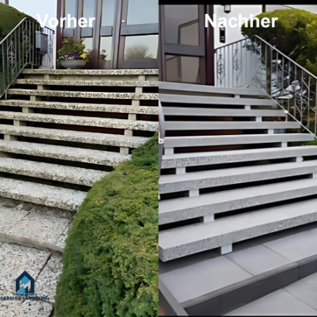 Vergleich der Treppen: links alt und dreckig, rechts frisch renoviert und sauber.